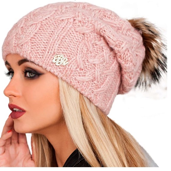 Accessories - Cable Knit Slouchy Fleece inside Fur Pom Pom hat